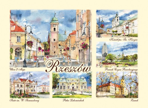 Pocztówka z reprodukcjmi obrazów akwarelowych z Rzeszowa.