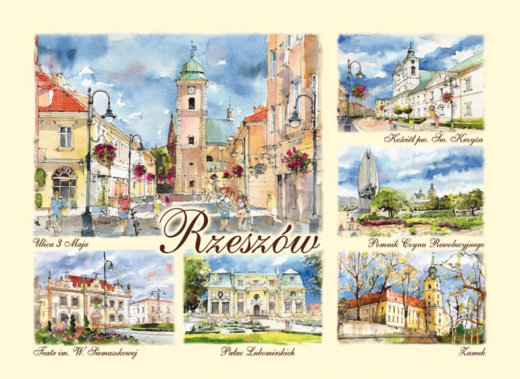 Pocztówka z reprodukcjmi obrazów akwarelowych z Rzeszowa.