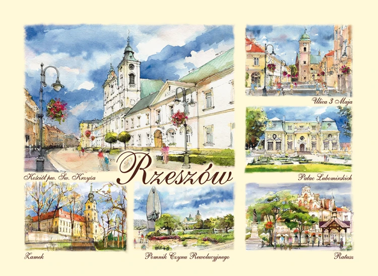 Pocztówka z reprodukcjmi obrazów akwarelowych z Rzeszowa.