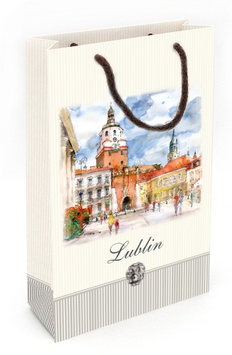 Awers torebki papierowej Lublin z reprodukcją obrazu akwarelowego.
