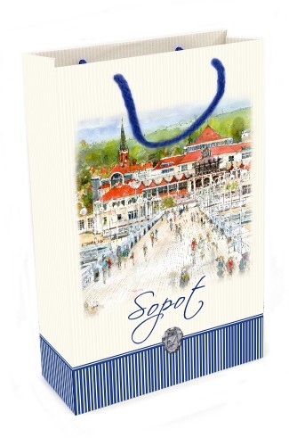Awers torebki papierowej Sopot z reprodukcją obrazu akwarelowego.
