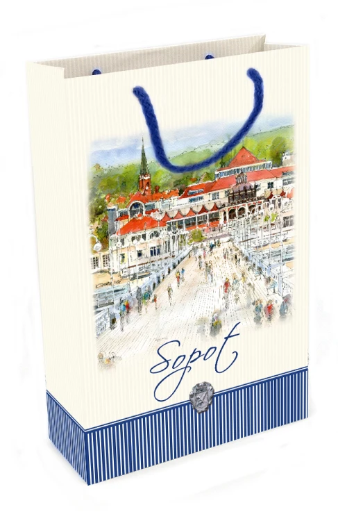 Awers torebki papierowej Sopot z reprodukcją obrazu akwarelowego.
